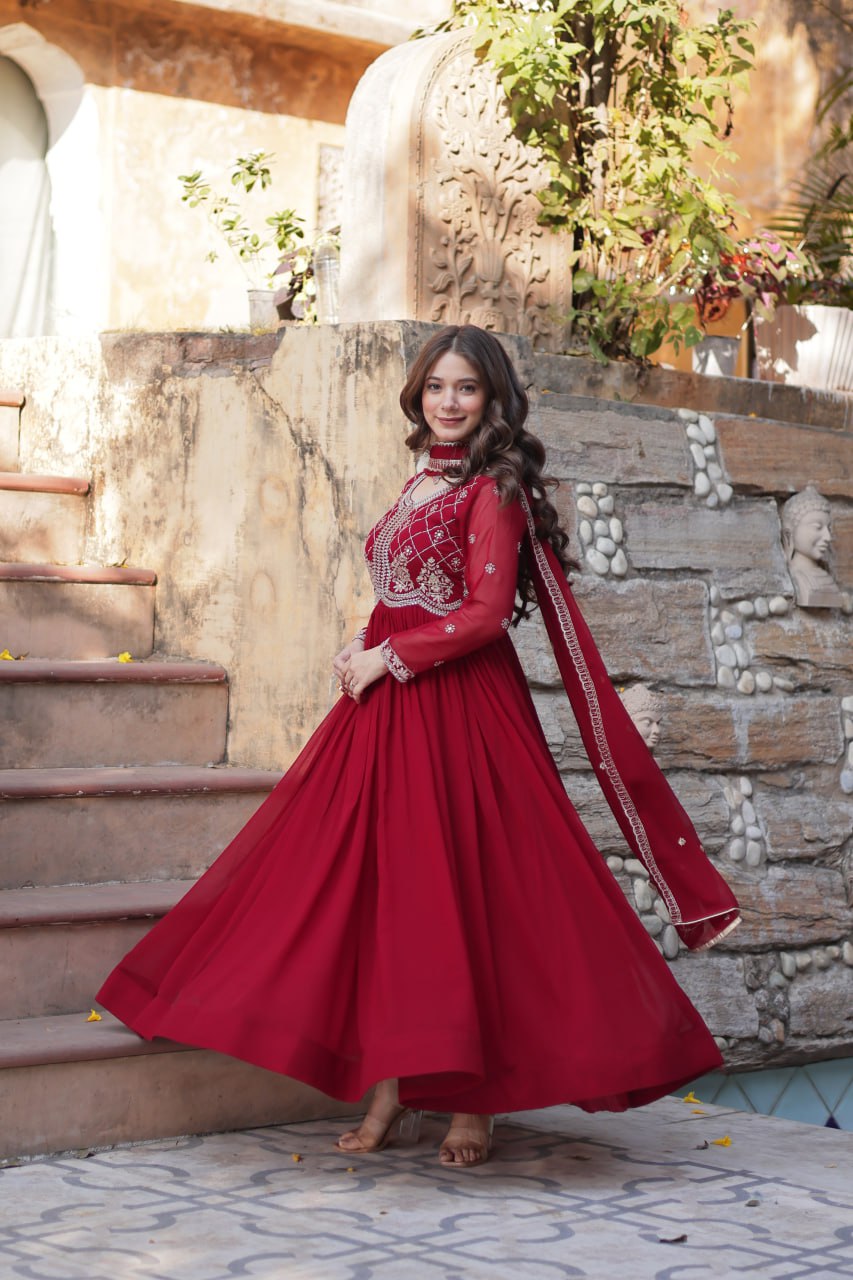 Chamvika Maroon Embroidered Gown Set with Dupatta – long gown for women, party wear gown for wedding, Indian gown for women, maroon gown for engagement, full sleeve ethnic gown, designer gown with dupatta, sequin gown for festival, traditional wear for women, Indo western gown online, stylish Indian dress for sangeet function, ready-to-wear ethnic gown for women.