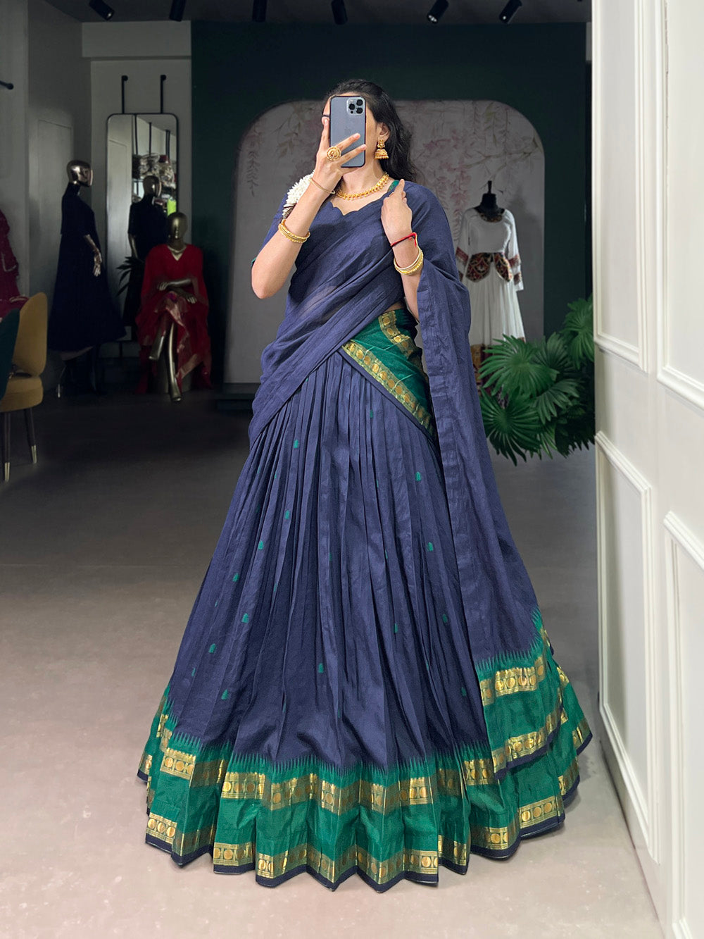 Navy Blue Chanderi Zari Weaving Work Half-Saree Lehenga