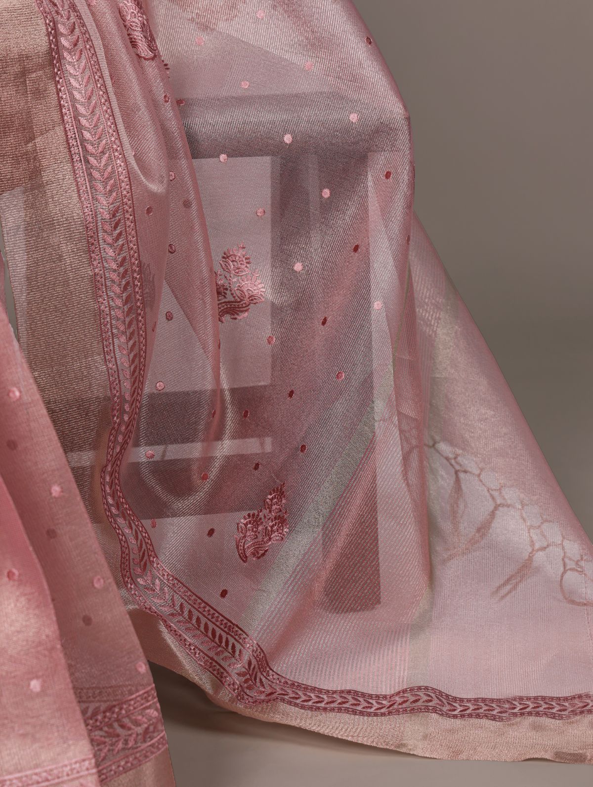 Light Pink Color Poly Shimmer Thread Embroidered Saree with Unstitched Blouse
