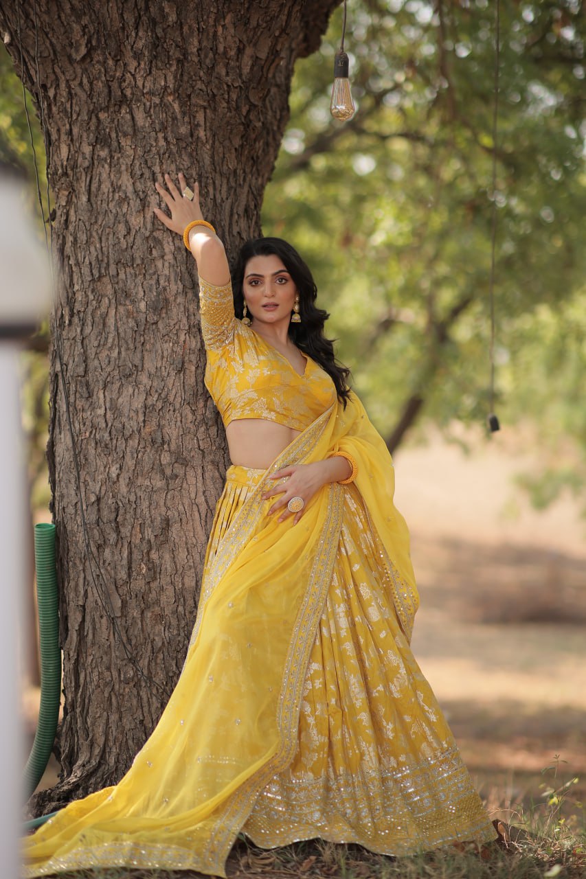 Pranshi yellow viscose jacquard lehenga choli set