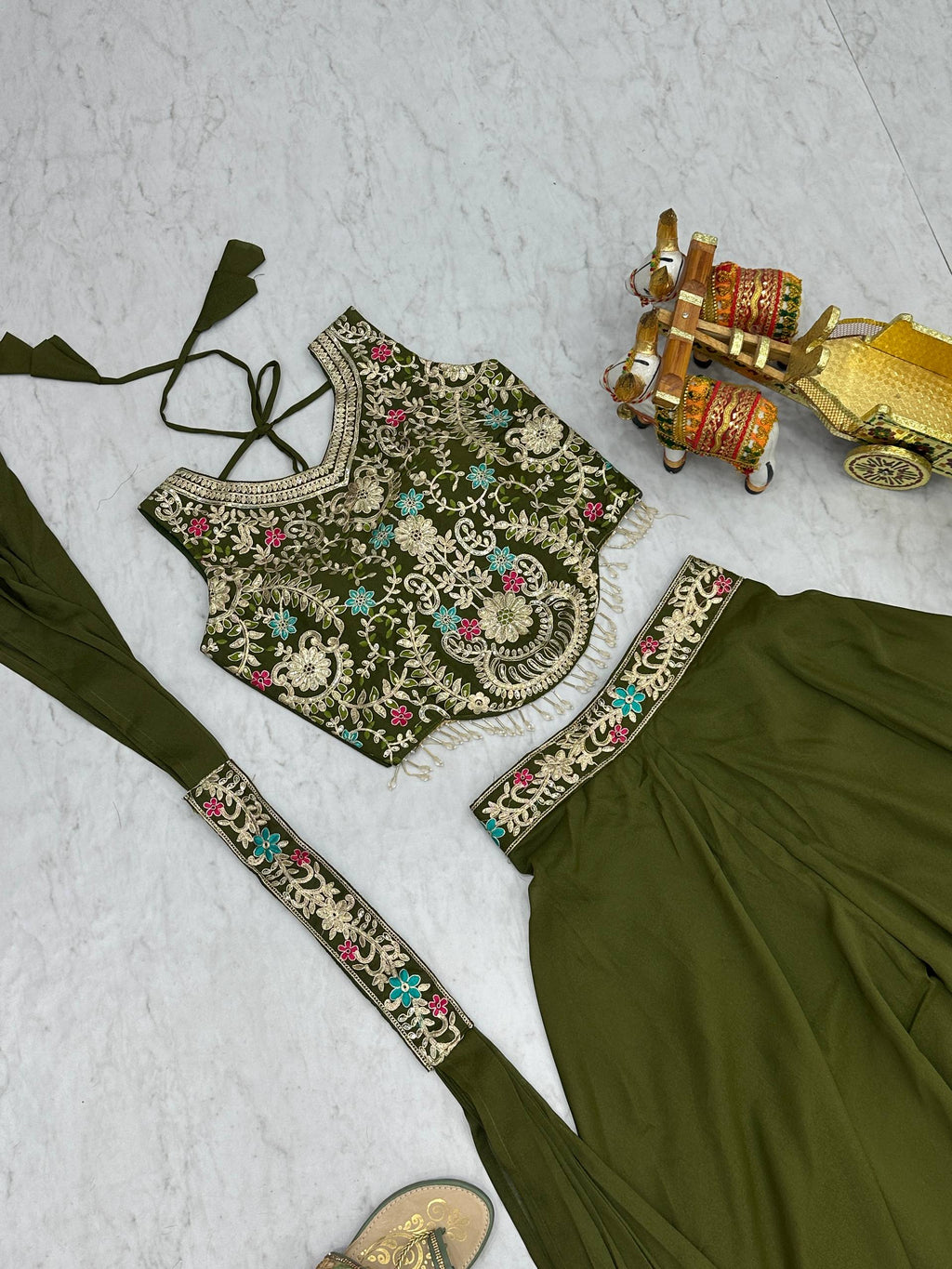 Stuti Olive Green Star Georgette Sequins Thread Embroidery Work Top Palazzo Set