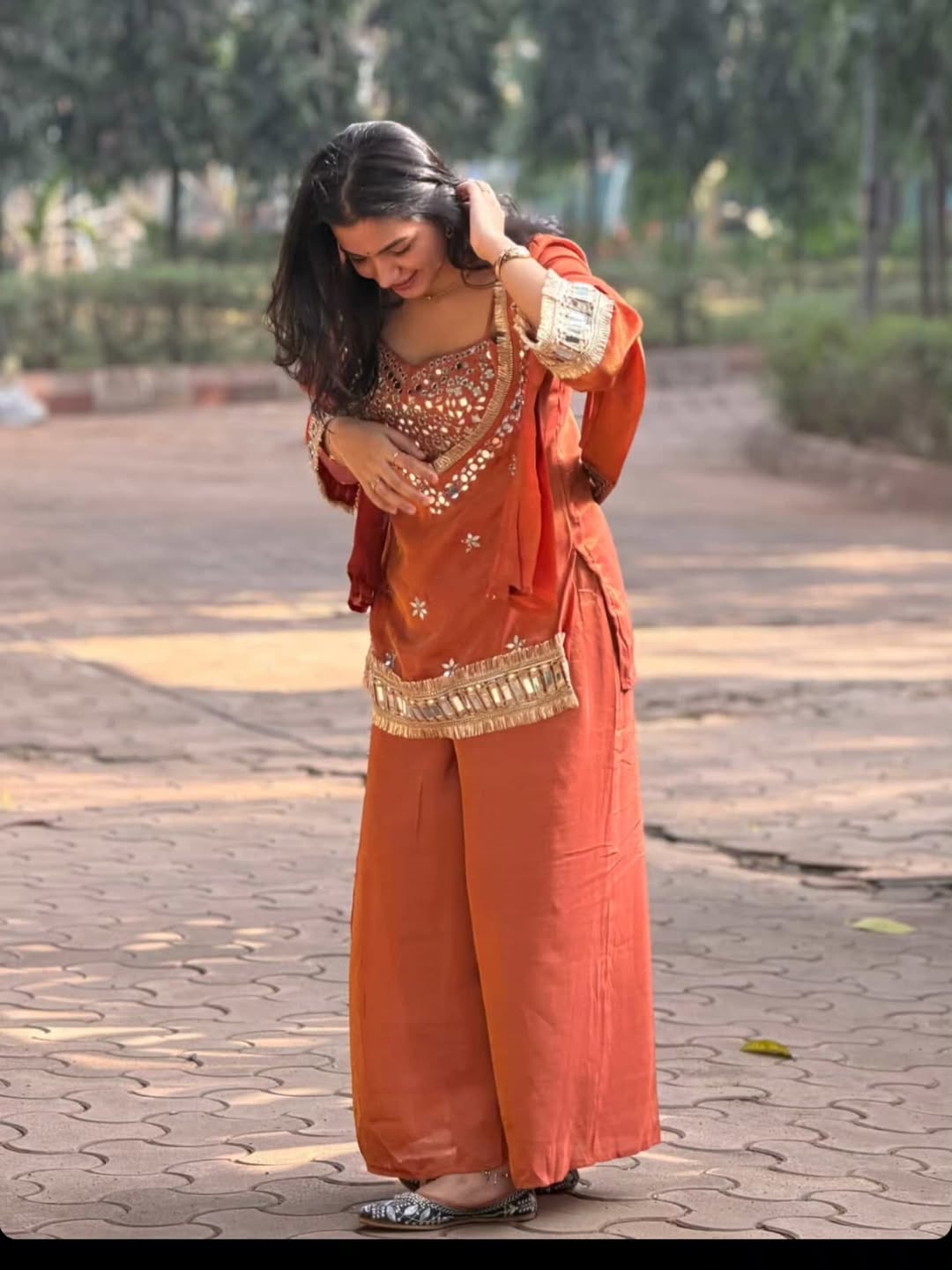 Suhani Orange Fendy Silk Real Mirror Work with Lace Border Kurti Sharara Set