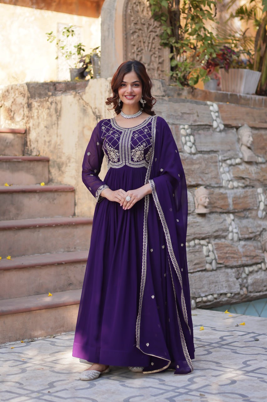 Chamvika Purple Designer Gown with Dupatta – party wear gown for women, long gown for wedding, Indian ethnic gown online, sequin embroidered gown, purple gown for reception, full sleeve gown dress, Indo western gown for girls, traditional Indian wear, stylish gown for engagement, readymade gown for festival, bridal gown with dupatta.