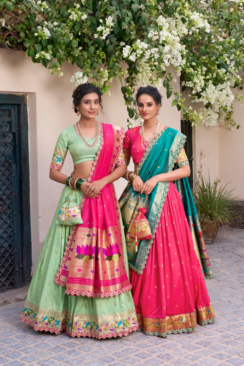 Shop Bright Pink Jacquard Silk Paithani Lehenga Choli with Dupatta & Batwa. Zari weaving, sequins work & 3.80m flair. Perfect for bridal & festive wear.