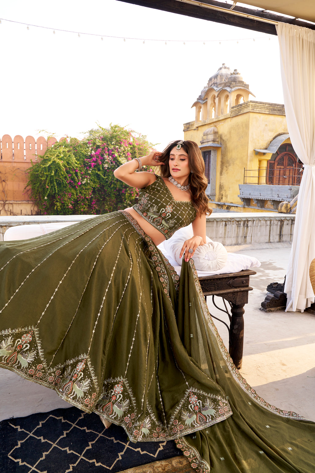 Zarakh Olive Green Crush Silk Sequins and Thread Embroidery Work Lehenga Choli