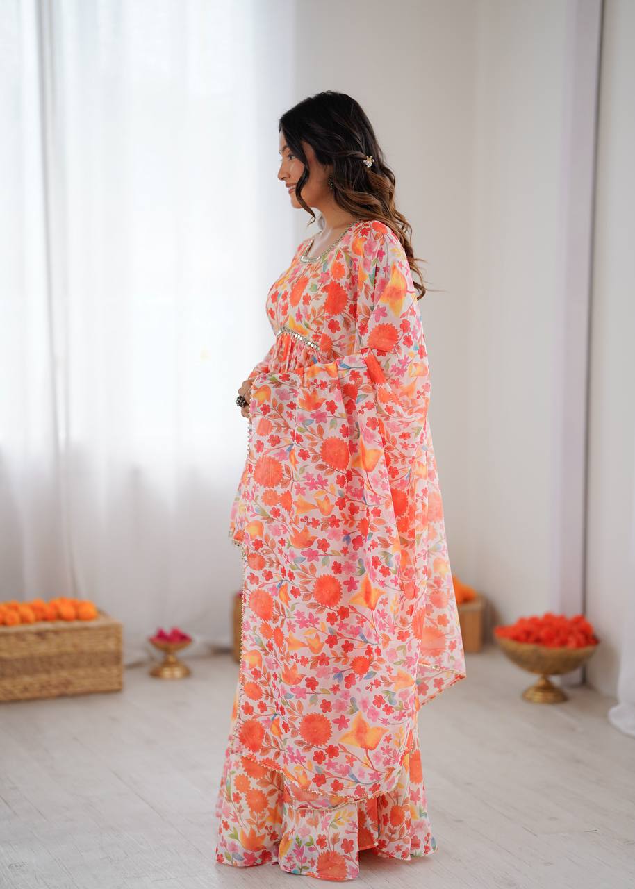 Orange pure soft taby organza floral print Kediya kurta set