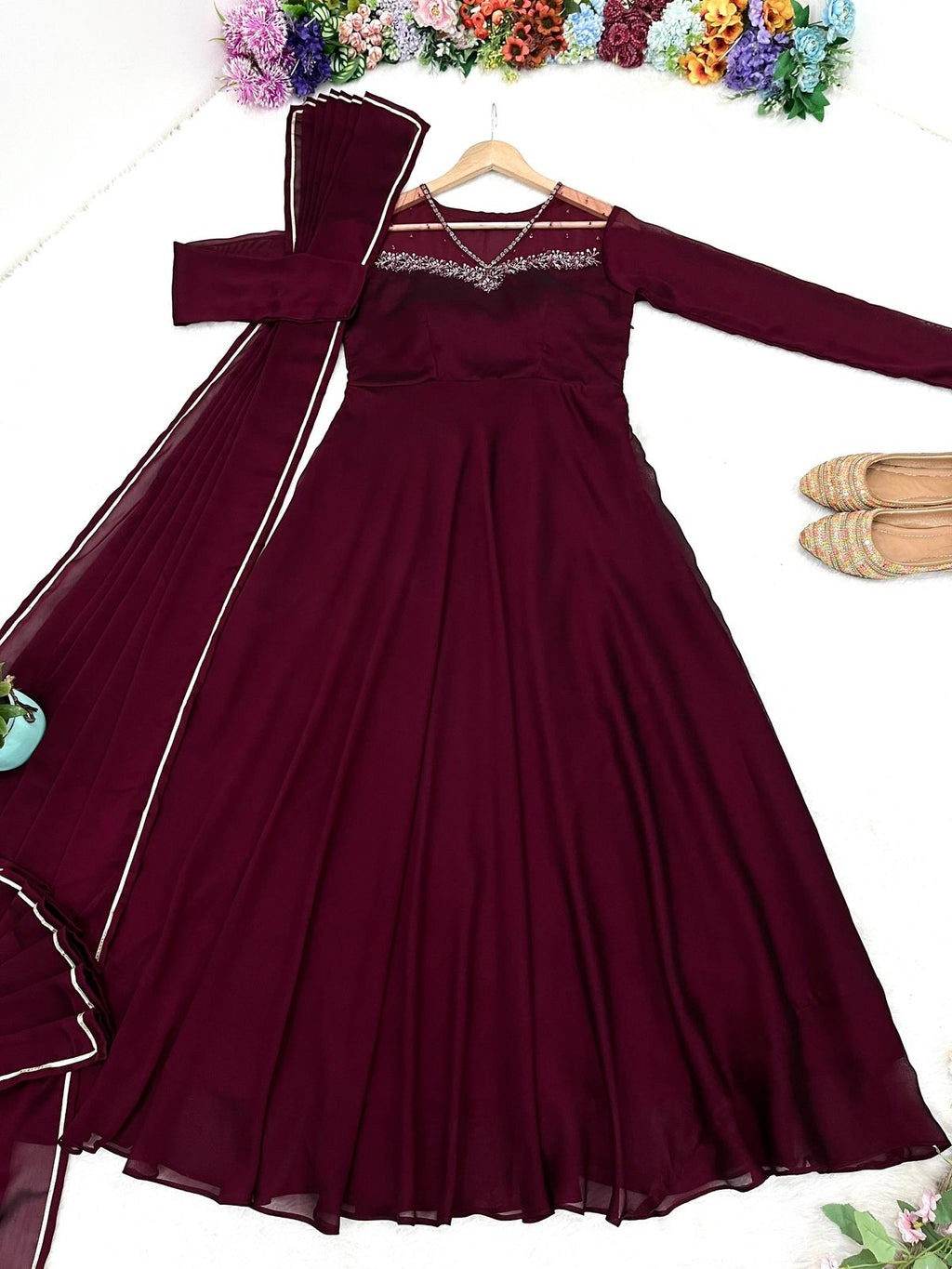 Manha Wine Georgette Embroidered Anarkali Gown Set