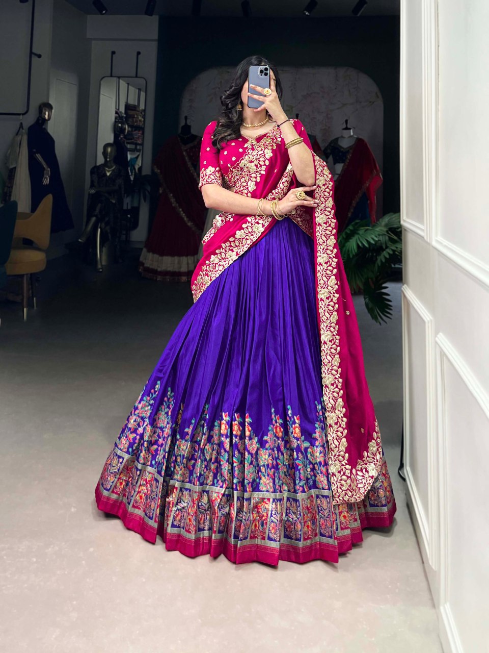 Purple Tussar silk lehenga with foil print and embroidered dupatta