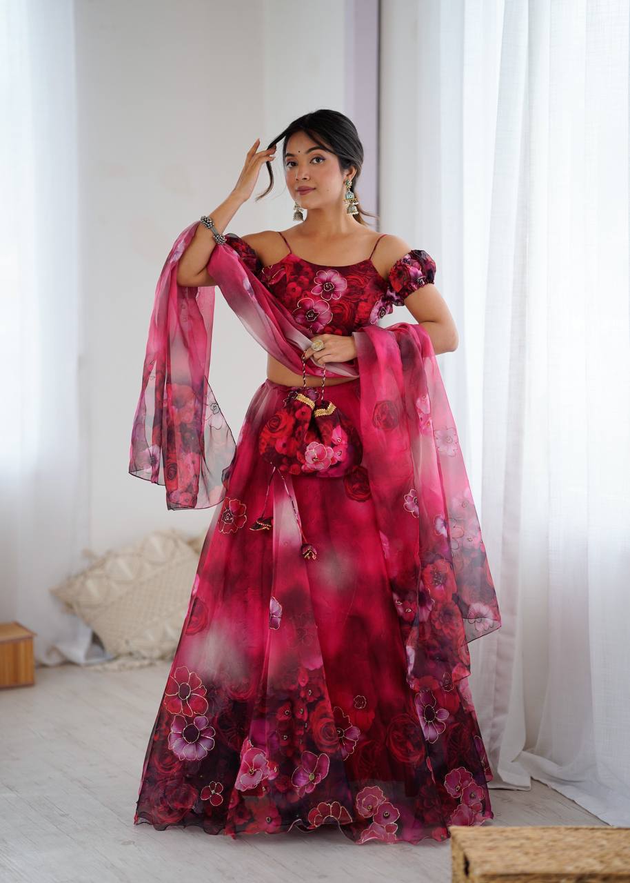 Red Batwa Red Pure Organza Digital Print Zari Work Lehenga Choli with Batwa Bag ...