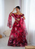 Red pure organza digital print zari work lehenga choli with batwa bag