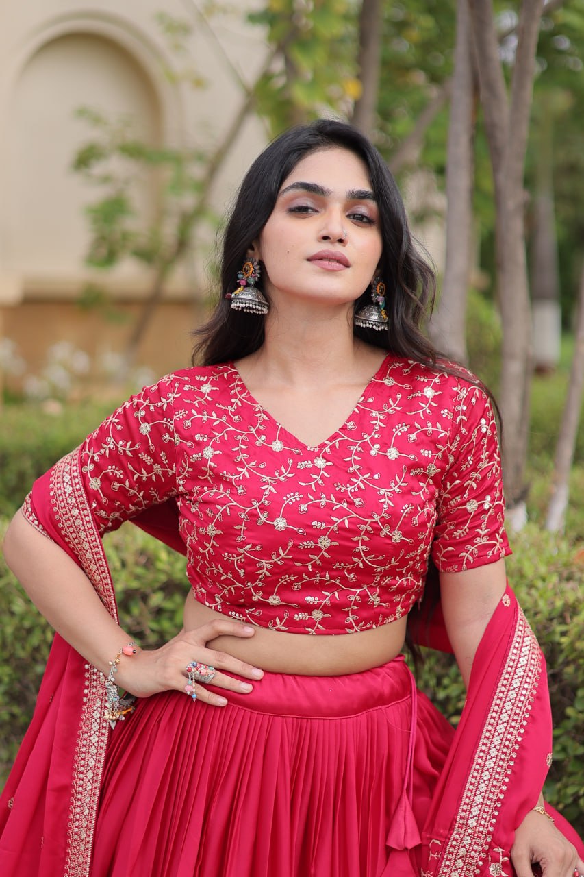 Subhadra Pink Glory Satin Embroidery Zari Sequins Lehenga
