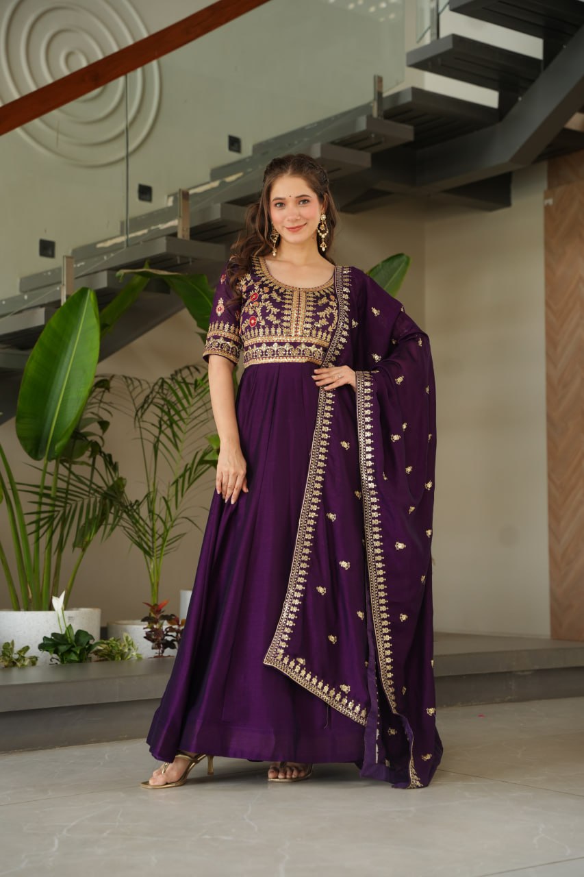 Aadishri Purple Vichitra Silk Gown with multi-sequins and zari embroidery – perfect Indian ethnic wear for weddings, party wear dresses for women, designer gown for women, traditional Indian dress, Indian clothing for women, ethnic wear for girls, gown for wedding function, Indian dress online shopping, full sleeve gown for women, festive wear for ladies.