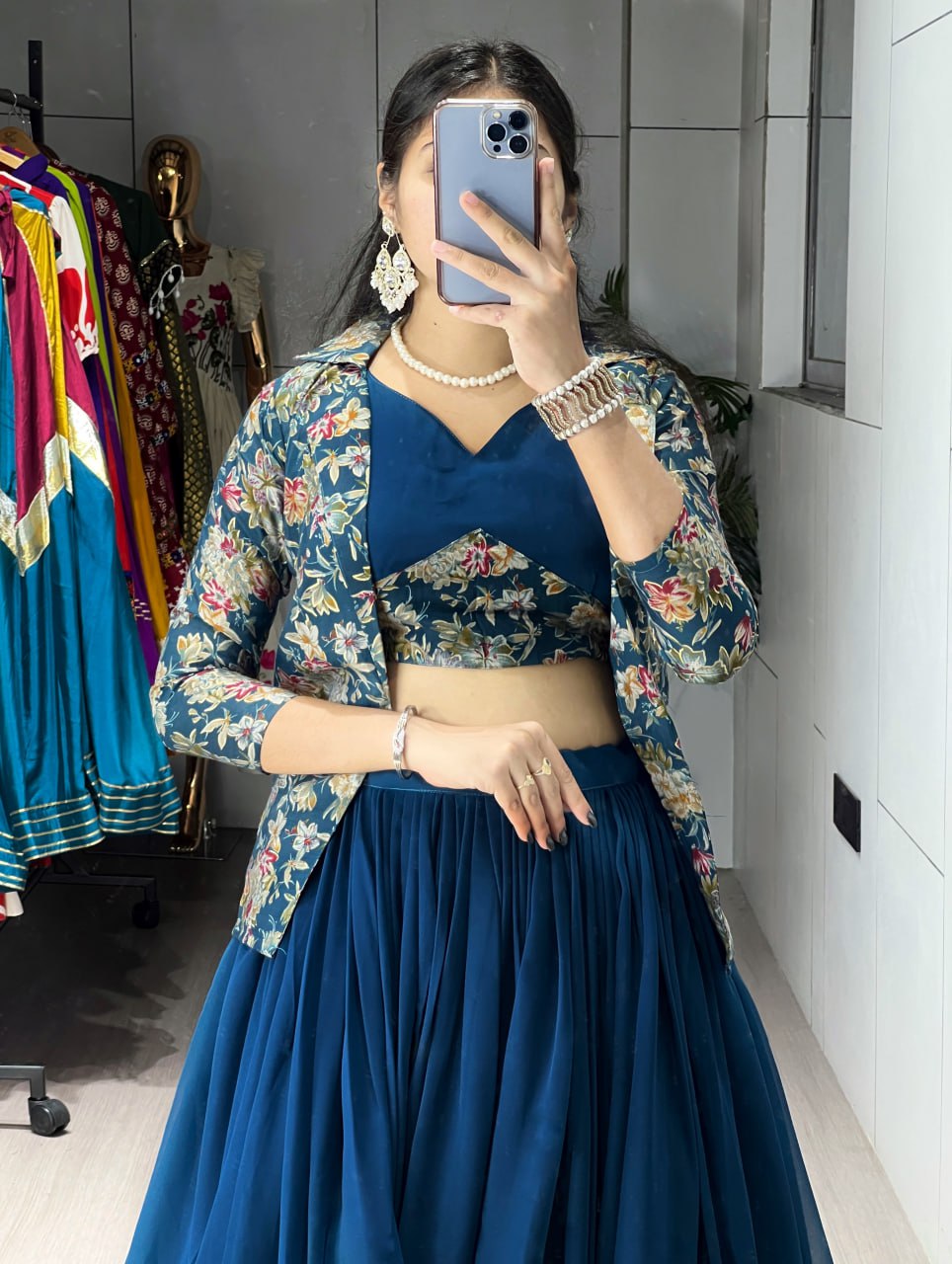 Teal blue georgette foil print lehenga choli with Chanderi koti