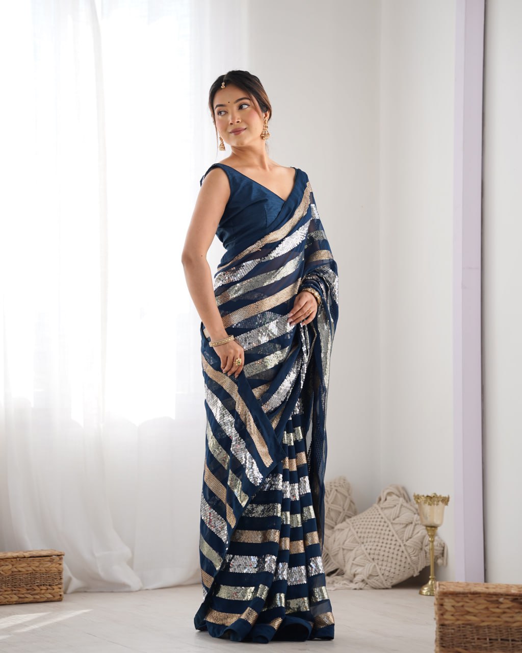 Kira Navy Blue Sequin Embroidery Georgette Saree