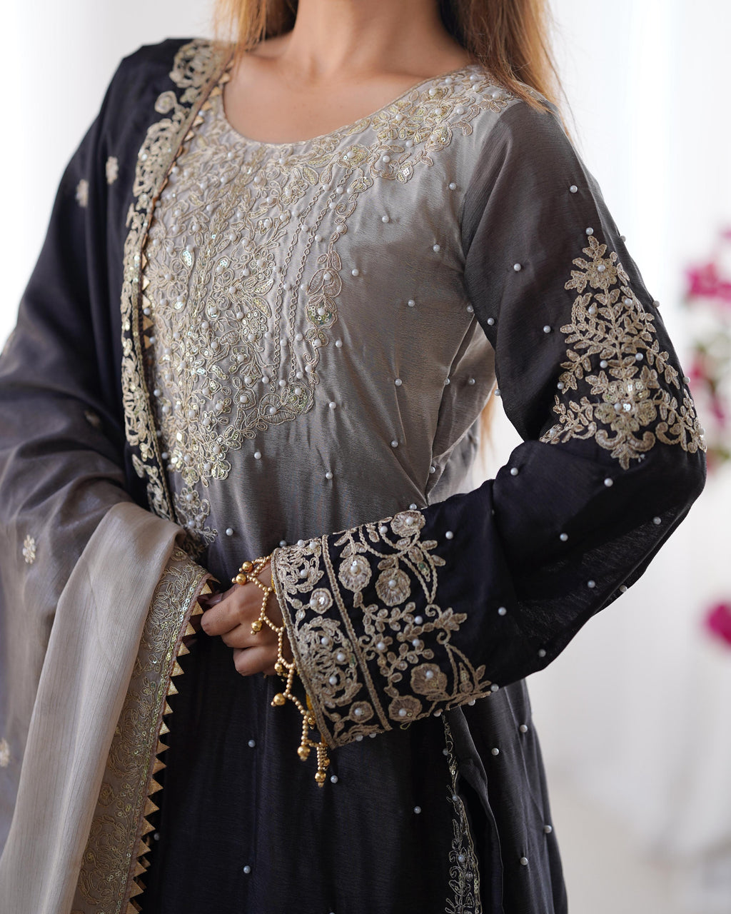 Manvisha Black Embroidered Sharara Suit Set