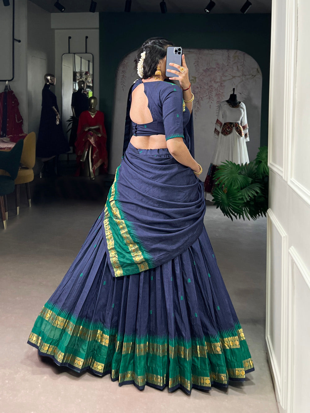 Navy Blue Chanderi Zari Weaving Work Half-Saree Lehenga