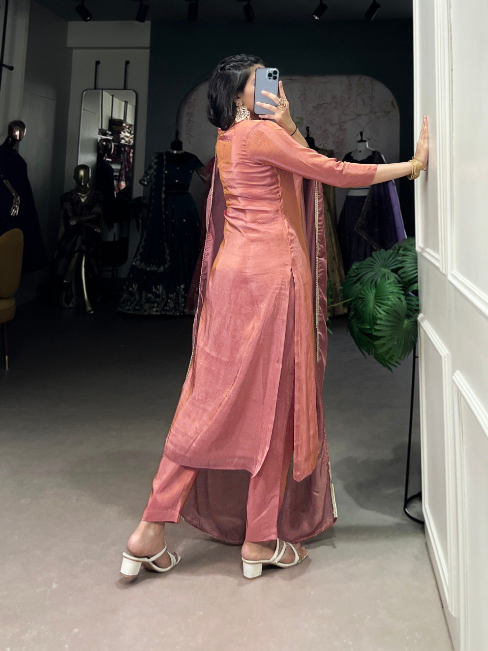 Peach Viscose Tissue Embroidered Suit Set with Organza Dupatta