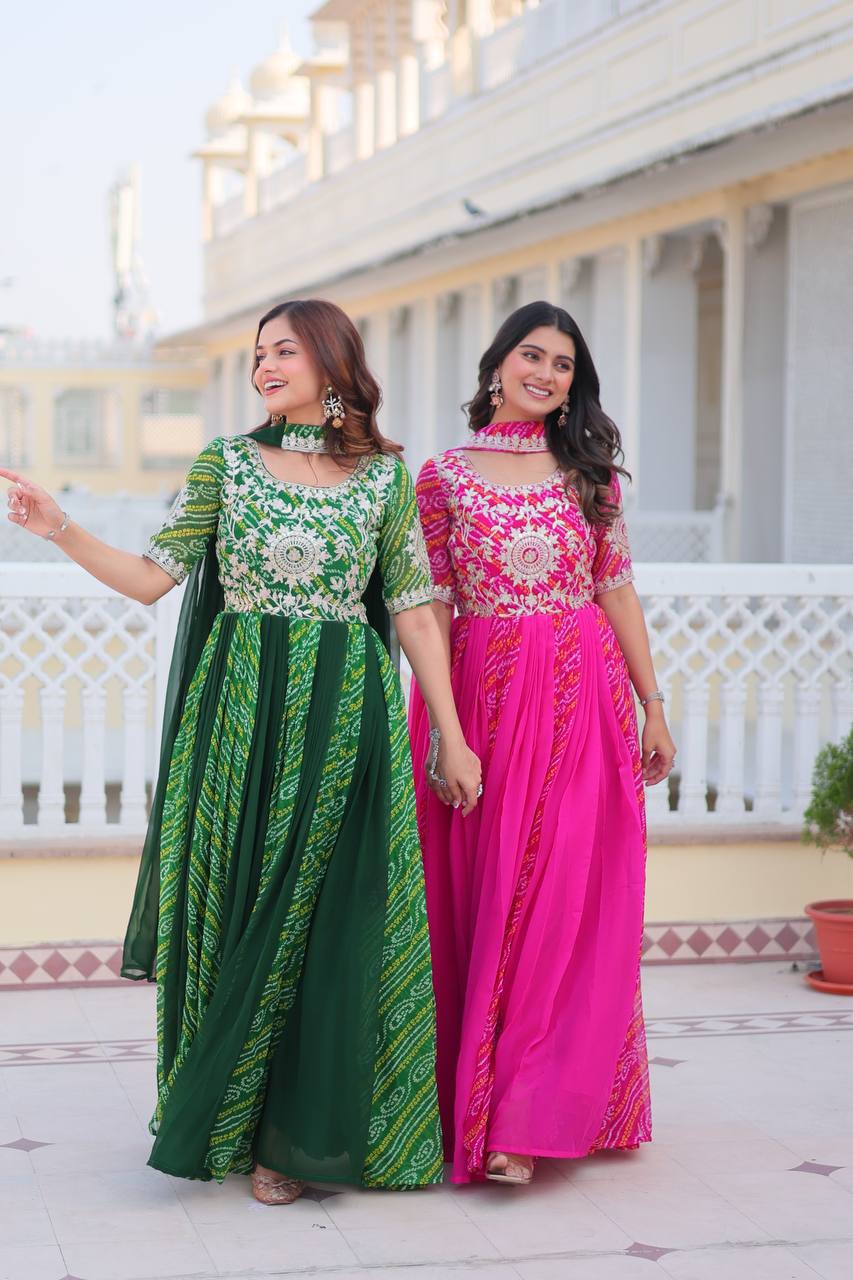 Saanvi Pure Bandhej Georgette Embroidered Gown Set