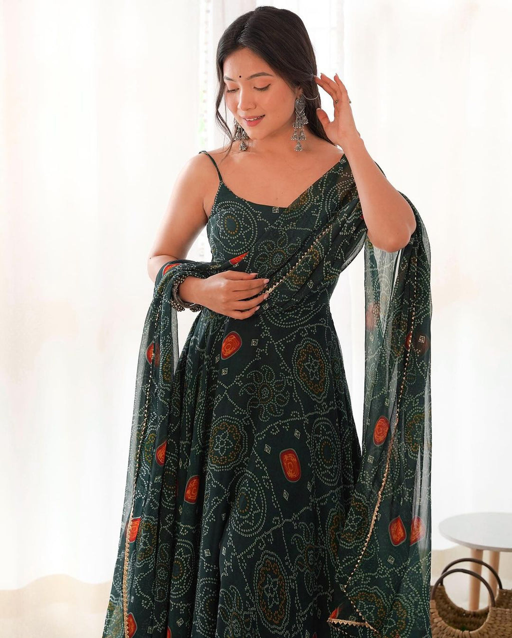 Manmayi green bandhani printed anarkali gown set