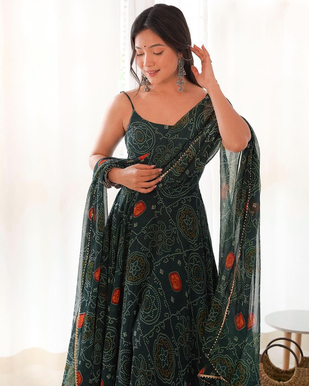 Manmayi green bandhani printed anarkali gown set