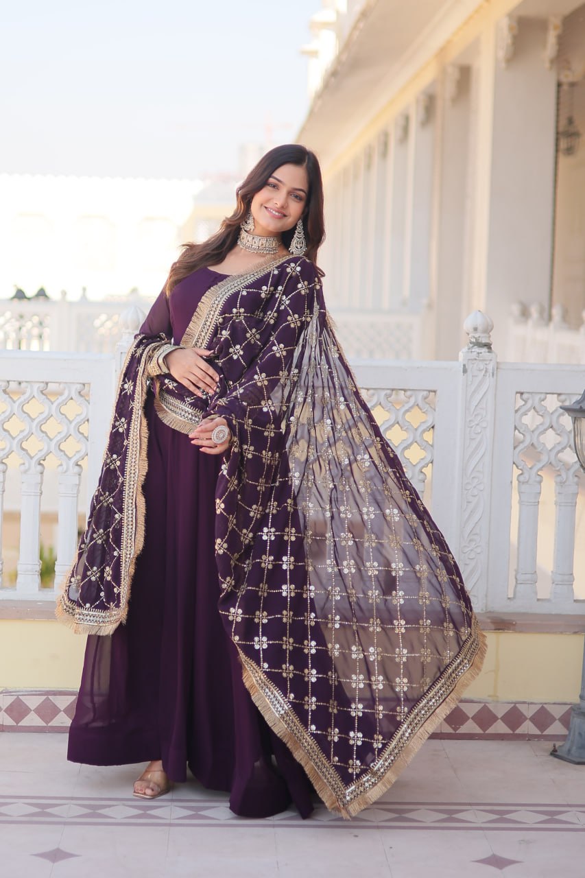 Lavish Purple Sequins Embroidered Anarkali Flared Kurti Set