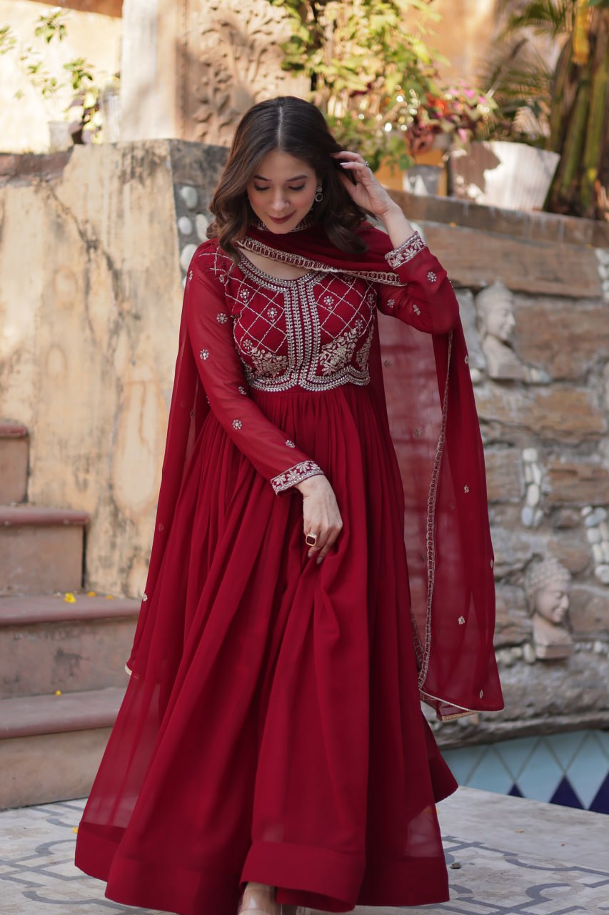Chamvika Maroon Embroidered Gown Set with Dupatta – long gown for women, party wear gown for wedding, Indian gown for women, maroon gown for engagement, full sleeve ethnic gown, designer gown with dupatta, sequin gown for festival, traditional wear for women, Indo western gown online, stylish Indian dress for sangeet function, ready-to-wear ethnic gown for women.