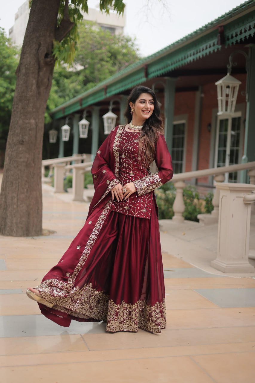 Hitanshi Maroon Rangoli Silk Embroidered Kurti Plazzo Set
