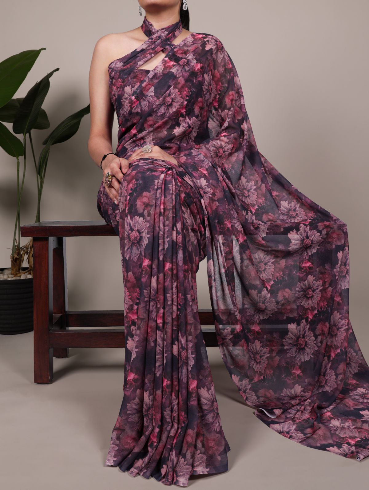 Onion Pink Color Weightless Marble Floral Print Saree with Unstitched Blouse