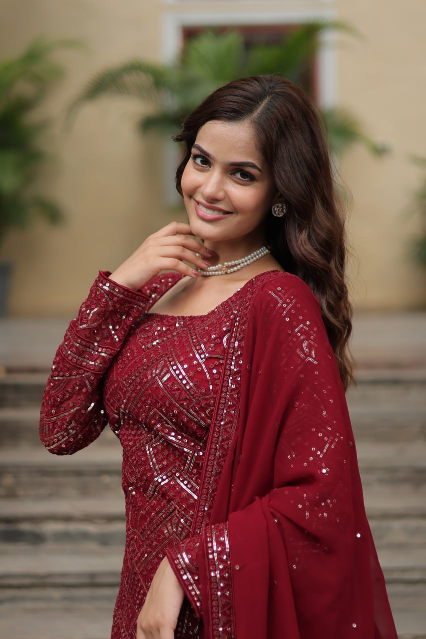 Lavya Maroon Georgette Embroidered Kurti Sharara Set