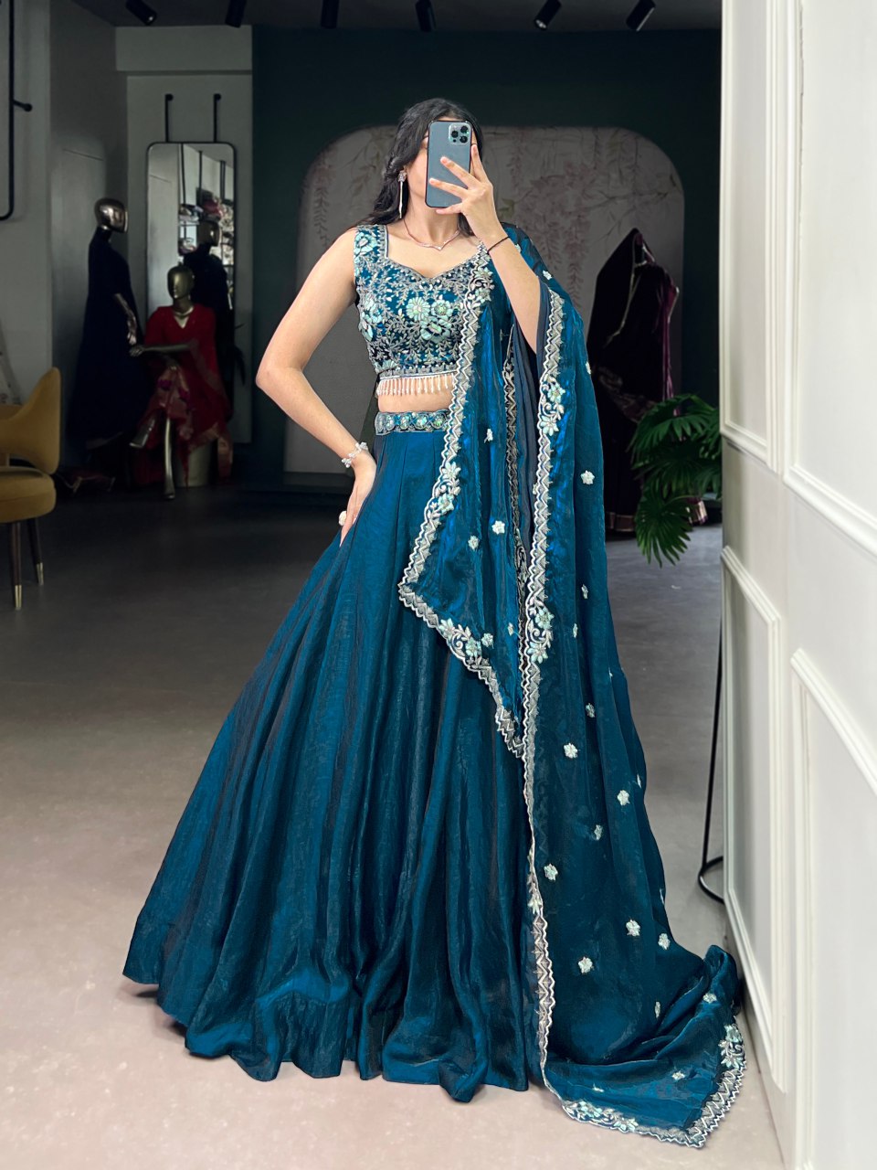 Teal blue fendi silk lehenga choli with embroidery sequins thread work and dupatta