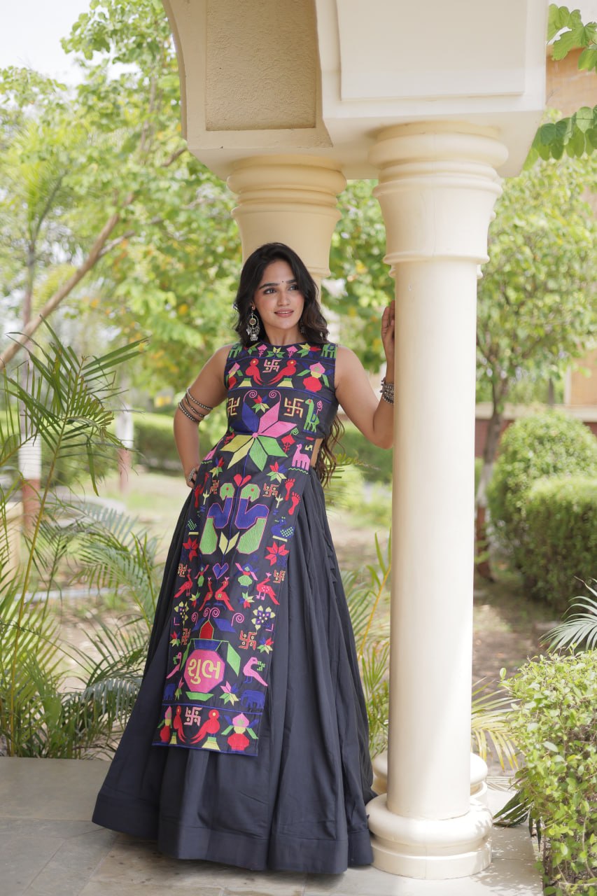 Ekta Black Cora Cotton Gamthi Embroidered Lehenga Choli