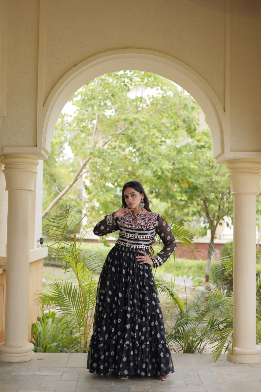 Lavanya Black Faux Georgette Bandhani Kutchi Patchwork Gown