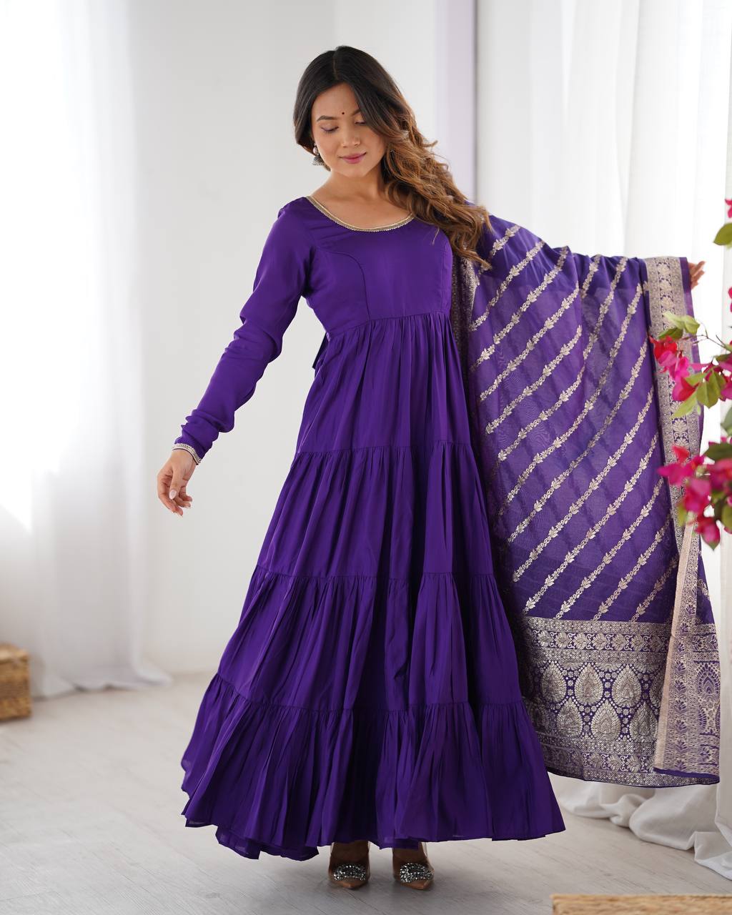 Ashika Roman Silk Flared Purple Anarkali Suit