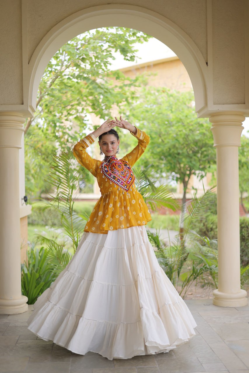 Charvi Yellow Kora Cotton Bandhni Kutchi Gamthi Lehenga