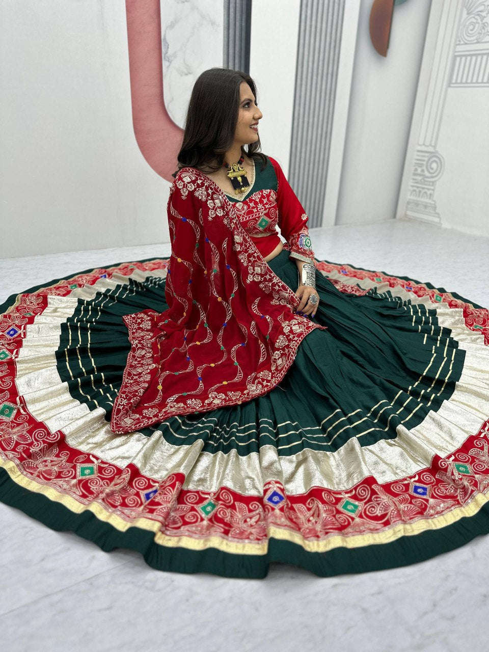 Green Pure Cotton Embroidered Sequins Work Lehenga Choli