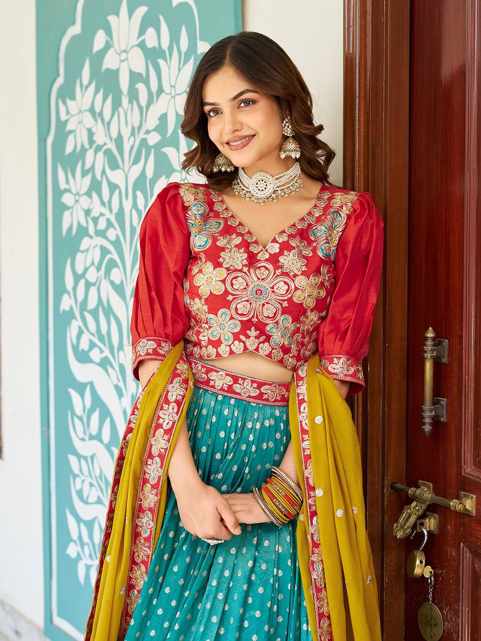 Multicolour silk lehenga choli set with heavy embroidery, sequin, and cording work; includes stitched shimmer lehenga, fully stitched mono silk choli, and embroidered georgette dupatta – perfect for weddings and festive occasions