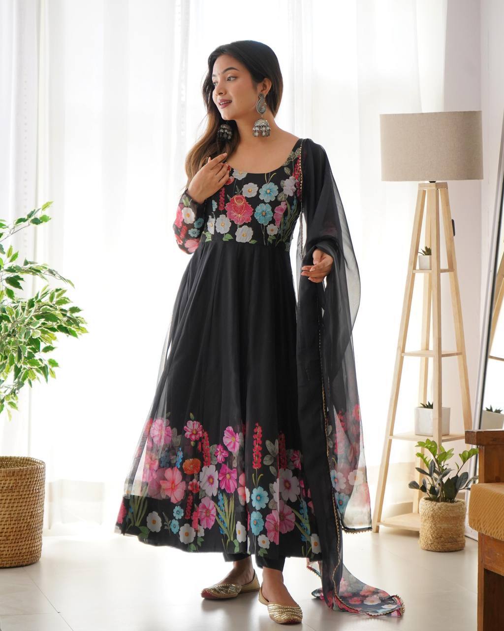 Darshika black organza floral printed anarkali suit set
