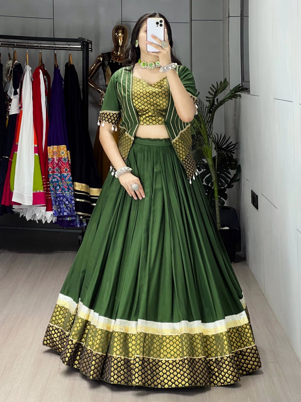 Green Color Pure Rayon Plain Butti Silk Work Lehenga Choli with Gota Patti Koti
