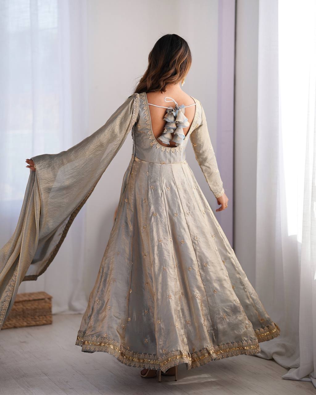 Neelika Grey Anarkali Suit Set – grey designer Anarkali suit for women, embroidered gown with dupatta, plus size ethnic wear, Fandy silk partywear Anarkali, traditional Indian gown set, ready to wear festive outfit, sequin and coding embroidery suit, fully stitched Anarkali gown, wedding guest ethnic dress, elegant Indian party gown for Mehendi and Sangeet.