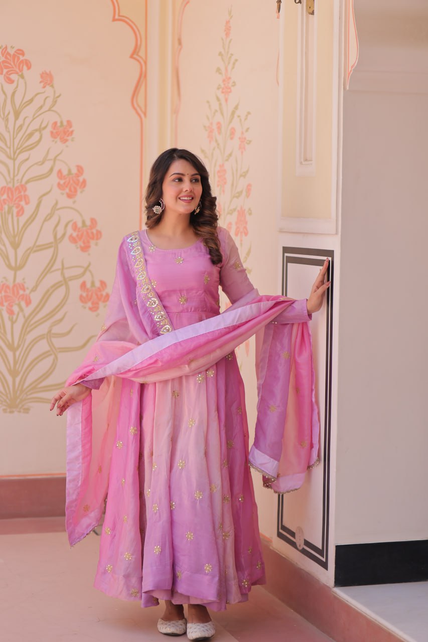 Pink Organza Flair Sequins Zari Embroidery Gown with Dupatta