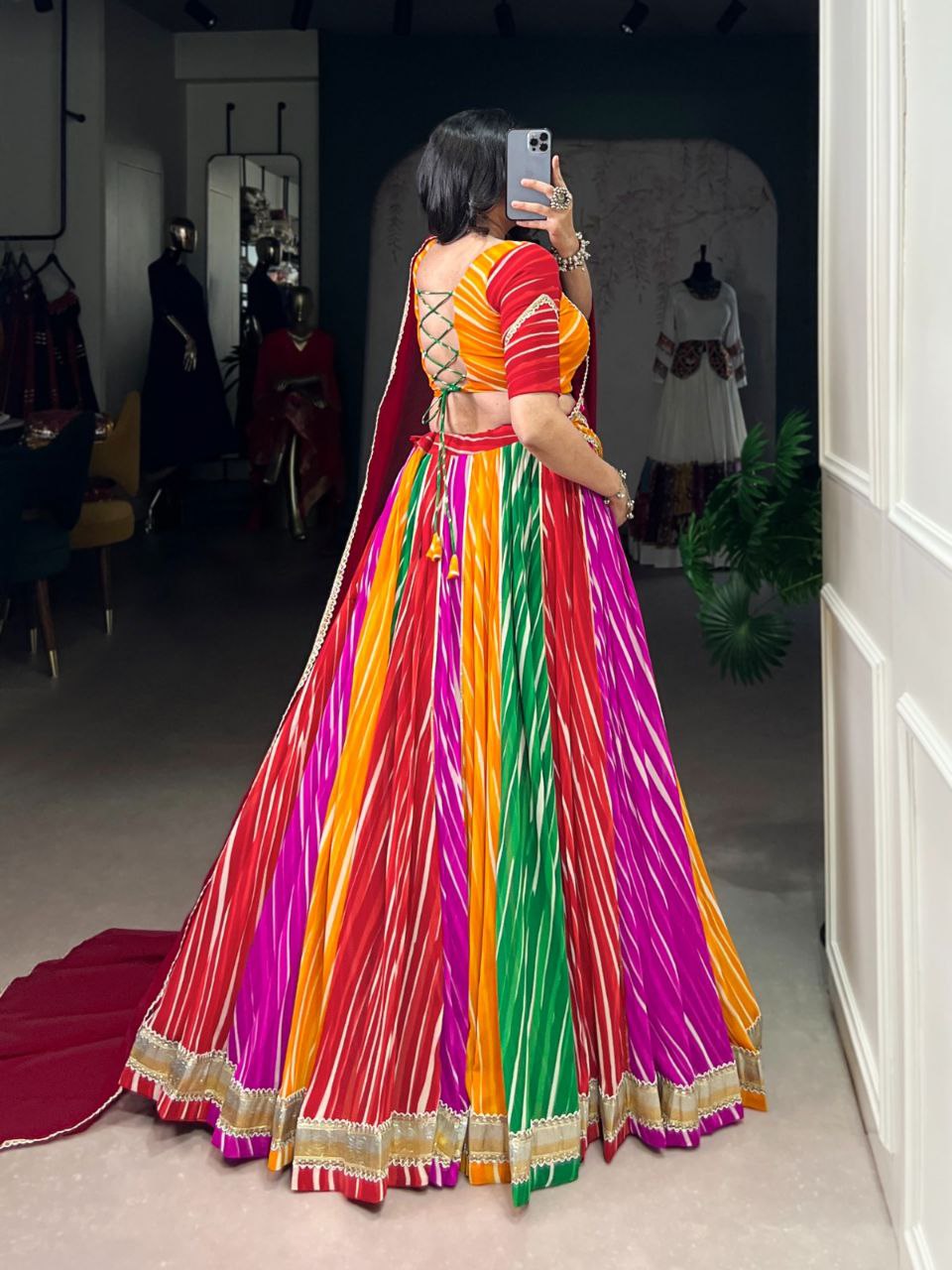 Multicolor georgette Leheriya print lace work Navratri lehenga choli