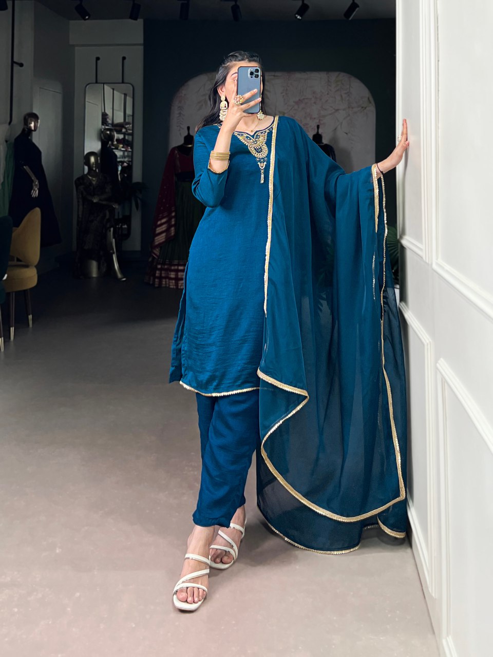 Teal blue Vichitra silk suit set featuring delicate handwork with beads and sequins, paired with an elegant organza dupatta – perfect for festive events and party wear.