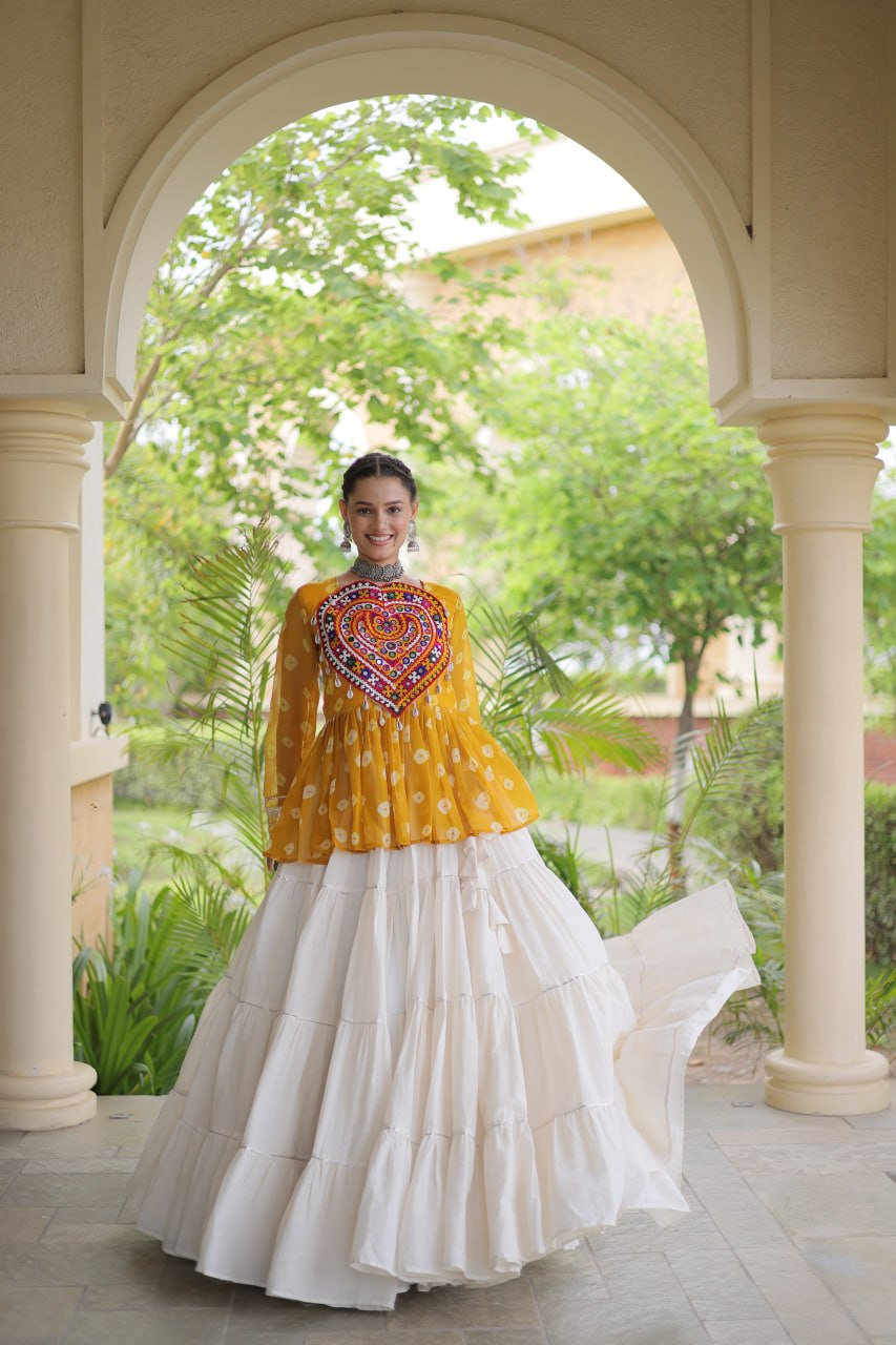 Charvi Yellow Kora Cotton Bandhni Kutchi Gamthi Lehenga