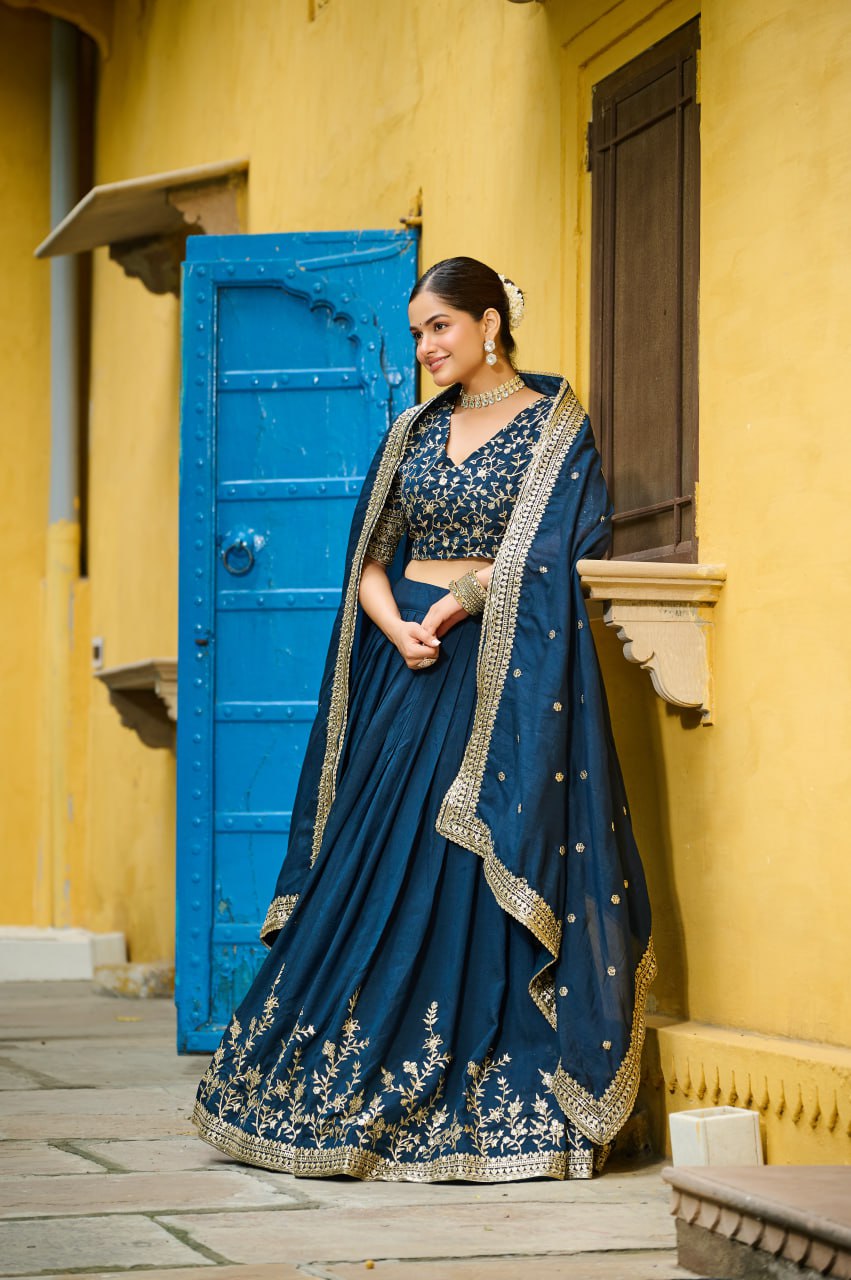 Teal blue Vichitra silk sequins embroidery lehenga choli with dupatta