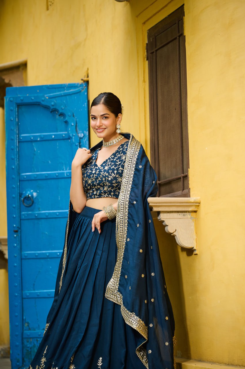 Teal blue Vichitra silk sequins embroidery lehenga choli with dupatta