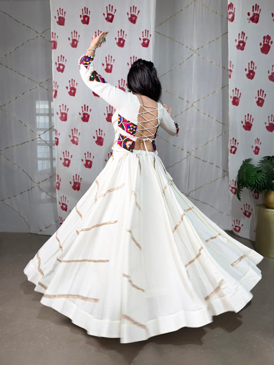 Off White Pure Rayon Mirror Gamthi Sequins Work Lehenga Choli
