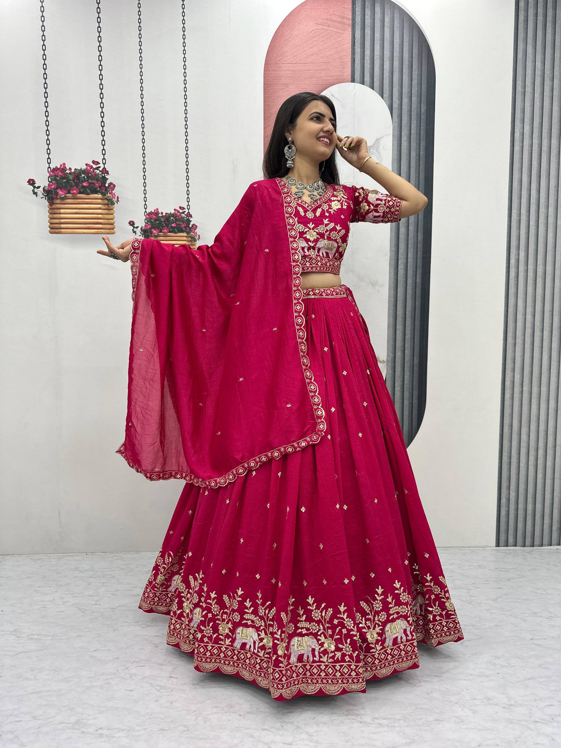 Gopi Pink Color Vichitra Silk Embroidery Sequins Thread Work Lehenga Choli