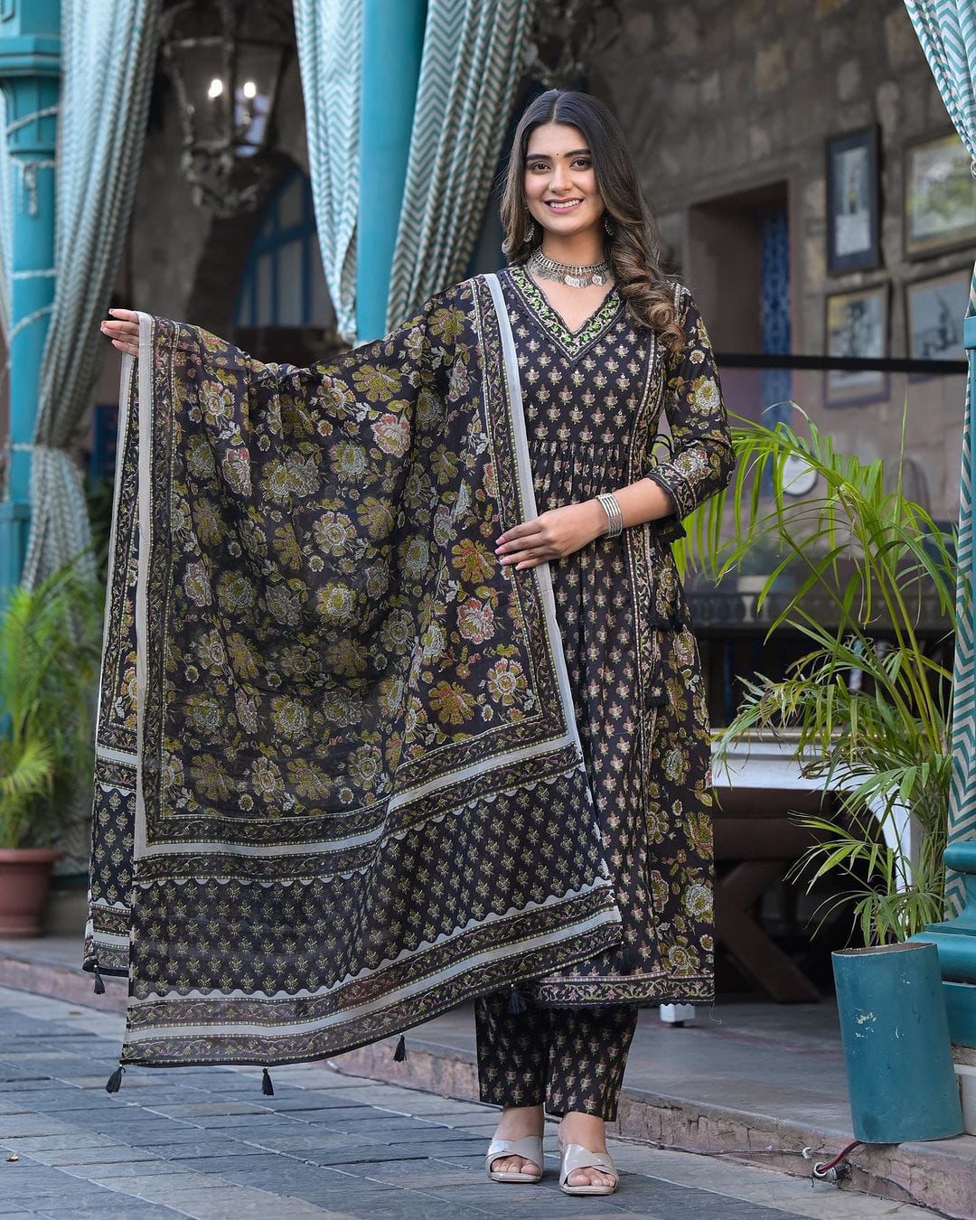 Ishani black cotton printed Anarkali suit set
