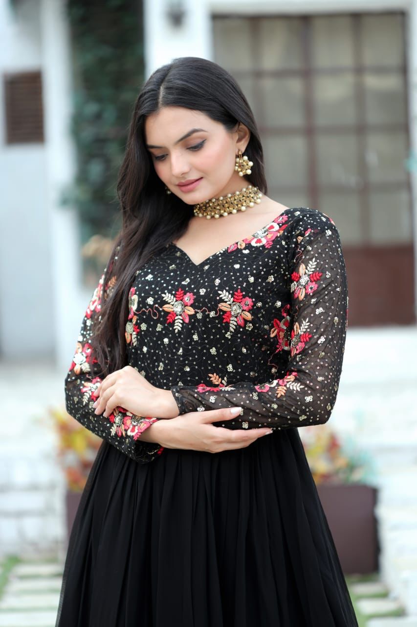 Radiant Charisma: Embroidered Sequin-Adorned Double Frill Gown