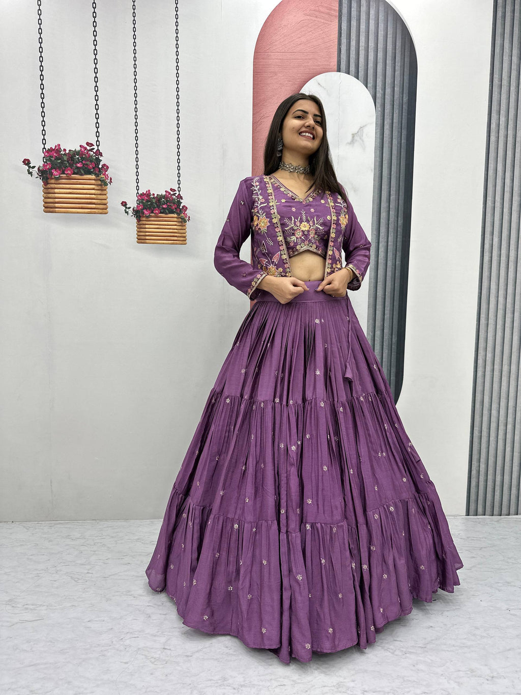 Purple chinon embroidered crop top lehenga with designer jacket